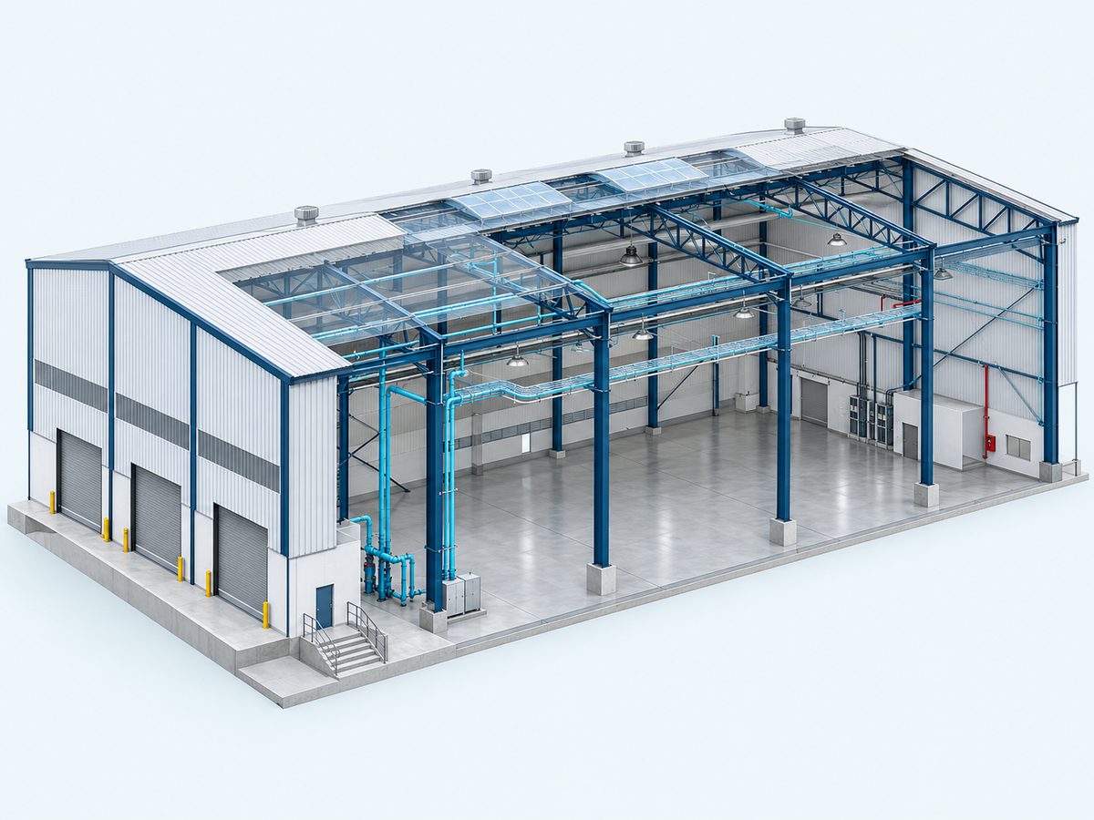 Modelo BIM de um galpão industrial em estrutura metálica, com instalações hidráulicas e elétricas, em vista isométrica com corte parcial.