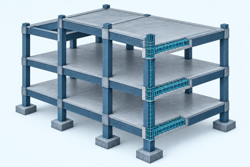 Modelo estrutural BIM de edifício de concreto armado de três pavimentos, com detalhe de armadura.