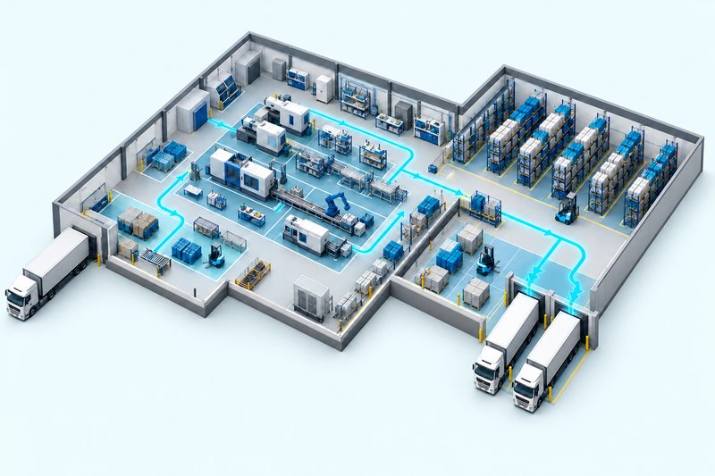 Layout de fábrica em vista isométrica, com áreas de produção, estoque e expedição ligadas por linhas de fluxo de materiais.