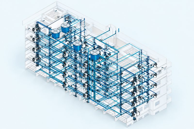 Modelo BIM das instalações hidráulicas de um edifício de vários pavimentos.